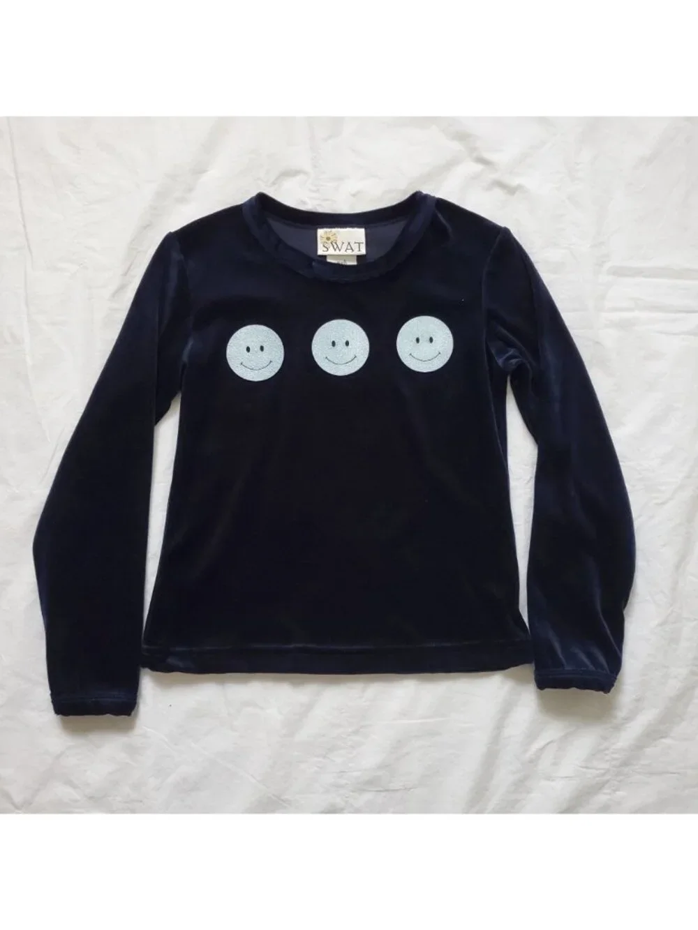SWAT Brand Kids Girls Glittery Smiley Front Velvet Long Sleeve Blouse Sz Medium - Picture 3 of 9